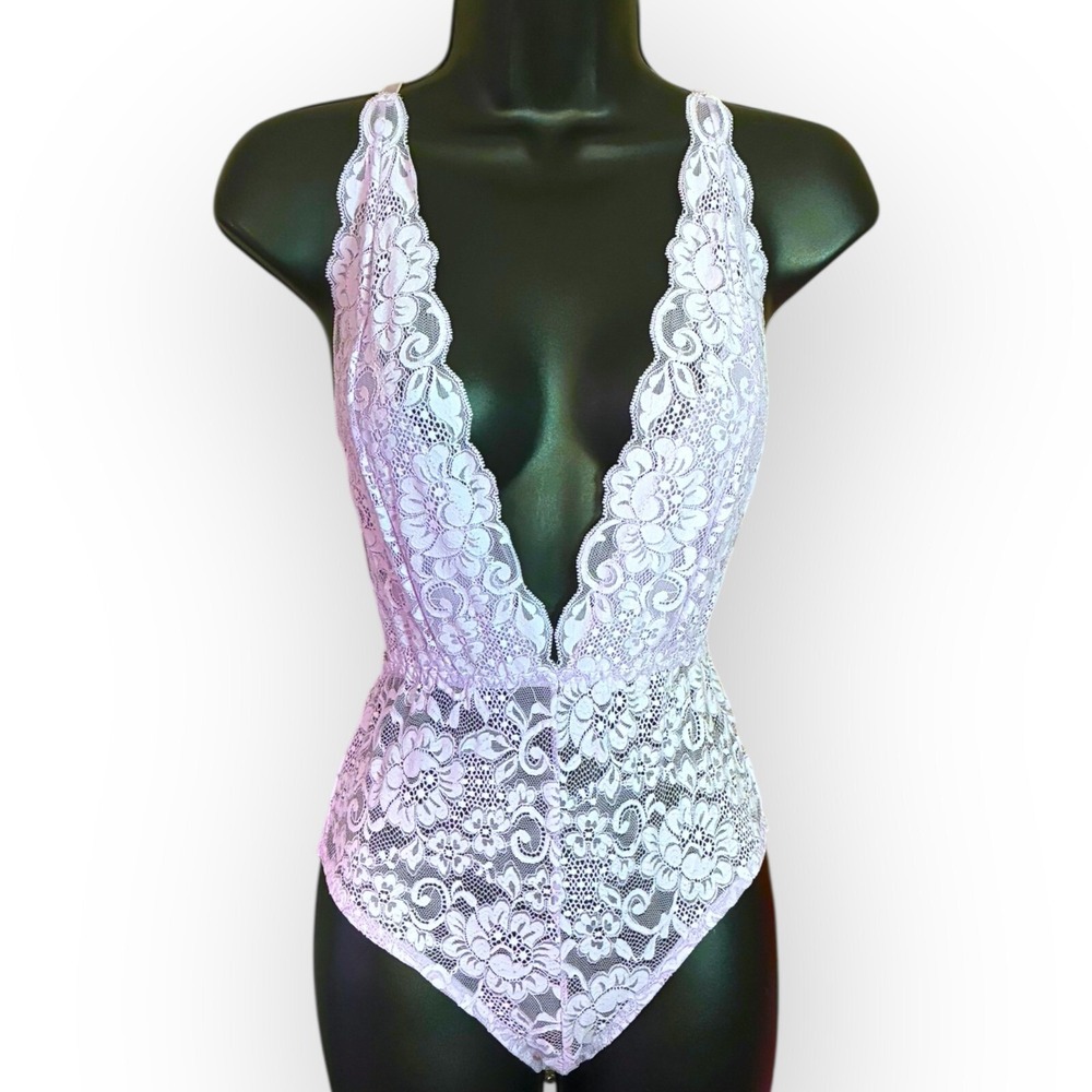 We Are HAH Purple Floral Lace Bodysuit XS Deep V Sheer Lingerie NWT